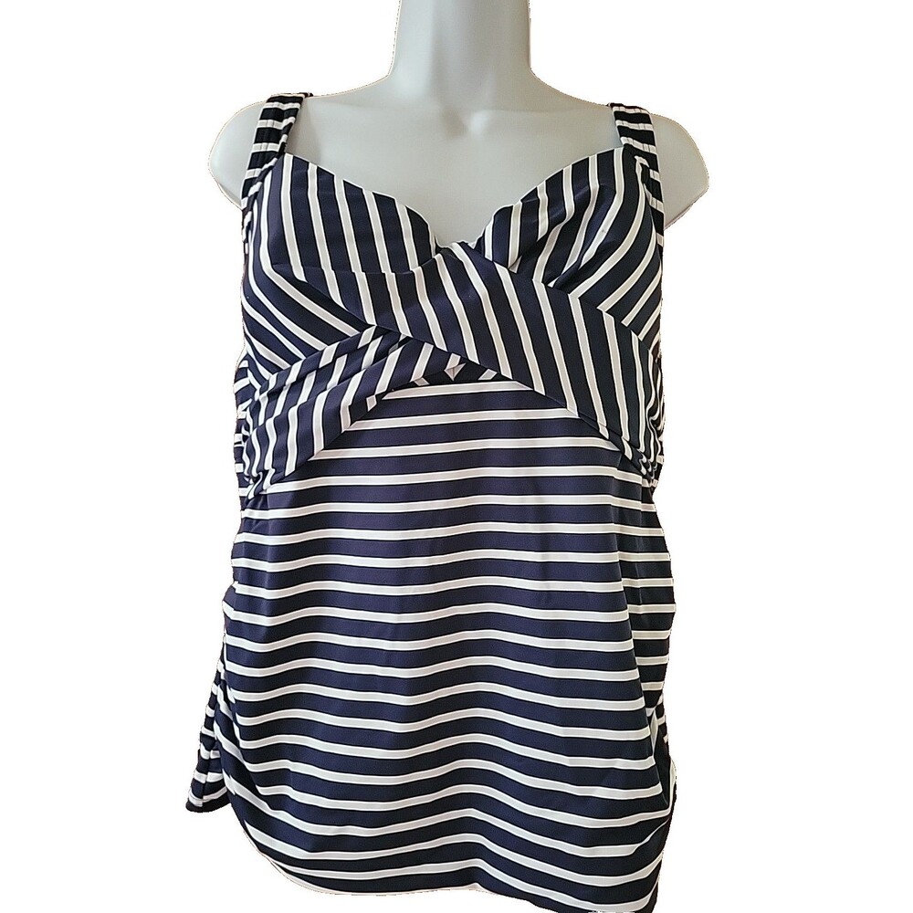 Lands' End Swim Top Navy Striped 16W DD Underwire Wrap Front Tankini 1X S411